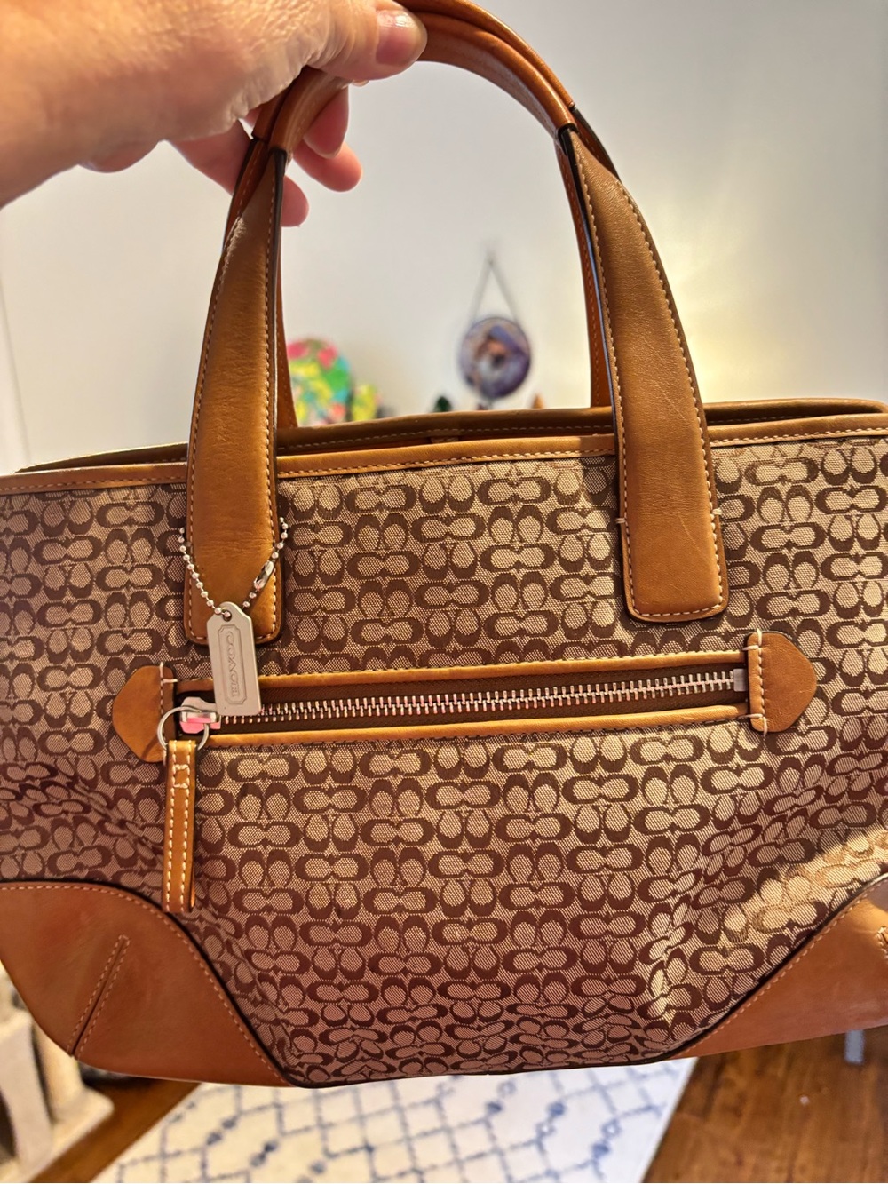 Coach Brown Signature Canvas Shoulder Tote with Tan Leather Trim